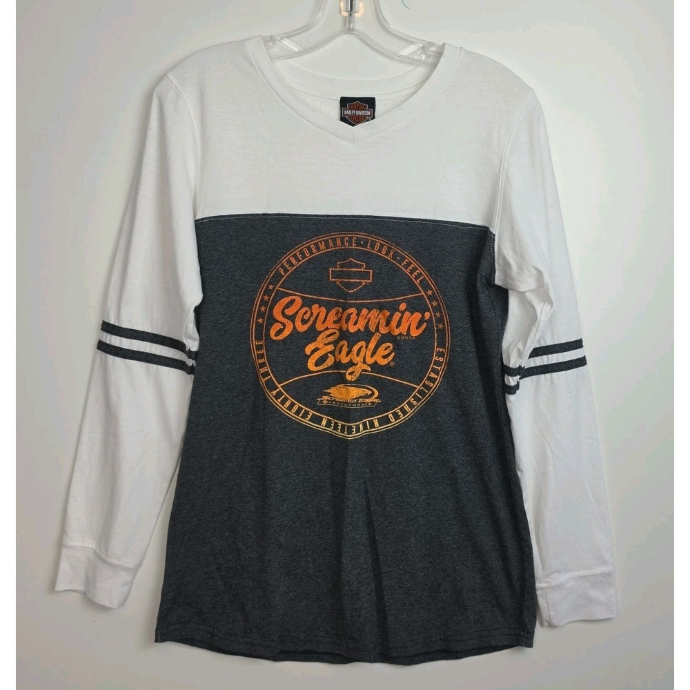 Harley-Davidson Long-Sleeved V-Neck T-Shirt Women's M Gray/White Graphic‎ Print